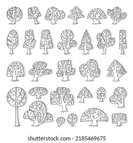 Hand drawn side view tree vector set isolated on white background.