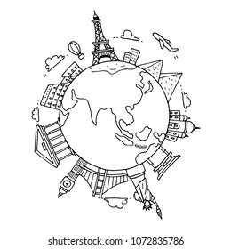 Hand Drawn Sight Seeing And Landmark Around The World. Doodle Black And White Background.