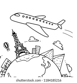 hand drawn sight seeing and landmark around the world with the plane. doodle black and white background