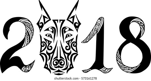 Hand drawn sign 2018 with doberman dog head stylized Maori face tattoo. Vector.