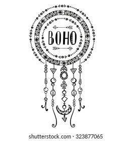 Hand drawn sign in boho style with arrows and beads. Vector illustration isolated on white. 