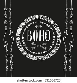 Hand drawn sign in boho style with arrows and beads. Vector illustration isolated on white. 