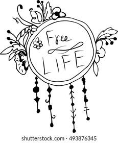 Hand drawn sign in boho style with flowers. Vector creature isolated on white background. 