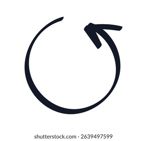 Hand drawn sign of Rotation, Turn. Outline round Arrow. Doodle symbol Cycle, Loading. Isolated outline icon of Update written with black ink, marker. Linear simple sketch. Vector illustration.