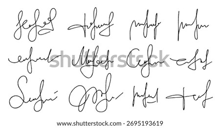 Hand drawn signatures set. Manual autographs for business documents. Vector textured calligraphy sketch scribble