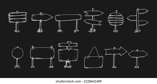 Hand drawn signboard. Wooden direction sign sketch style. Doodle drawing pointer blackboard, empty placard, copy space for text, signpost with arrows, way pointer, information post vector illustration