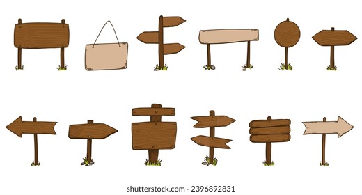 Handgezeichnetes Schild. Holzpfeiler mit Wegweiser. Doodle-Zeichenzeiger, leere Plaard, Kopienraum, bunter Wegweiser mit Pfeilen, Wegzeiger, Informationspost, einzelne Vektorgrafik