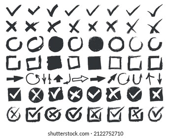 Hand drawn signs. Doodle black check marks. Crosses and arrows. Monochrome handwritten squares and circles. Tick isolated symbols. Empty and filled boxes. Vector