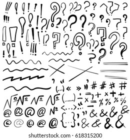 Hand drawn signs elements. Question mark, exclamation mark, quotes, wave lines. Vector illustration.
