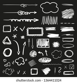 Hand drawn signs on black. Abstract backgrounds with array of lines. Stroke chaotic patterns. Black and white illustration. Sketchy elements for design