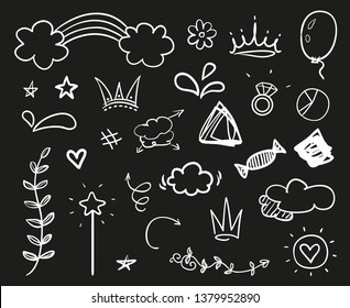 Hand drawn signs on black. Abstract symbols. Black and white illustration. Sketchy elements for design