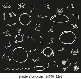 Hand drawn signs on black. Abstract arrows. Black and white illustration. Sketchy elements for design