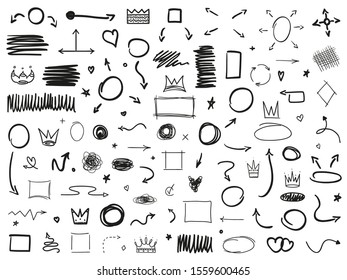 Hand drawn signs on white. Set of different symbols and shapes. Black and white illustration