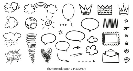 Hand drawn signs and shapes on isolated white background. Wavy tangled doodles. Black and white illustration