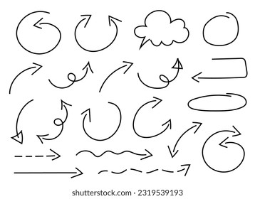 Hand drawn signs for social networks. Arrows and speech bubbles. Vector set with lines and doodles