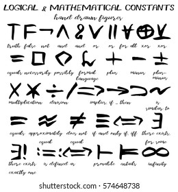 Hand drawn signs, written black figures of logical and mathematical constants in grunge technique. Vector illustration