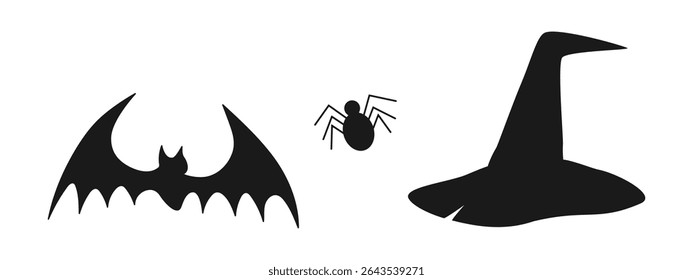 Hand Drawn Silhouette Bat Spider and Witch Hat Halloween symbols Greeting Cards Design elements Set