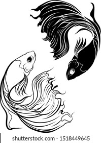 Hand drawn and Silhouette beautiful siamese fighting fish.Thai beautiful fish tatoo.