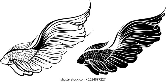 Hand drawn and Silhouette beautiful siamese fighting fish.Thai beautiful fish tatoo.infinity asian fish.