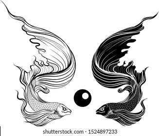 Hand drawn and Silhouette beautiful siamese fighting fish.Thai beautiful fish tatoo.infinity asian fish.