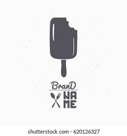 Hand drawn silhouette of bitten popsicle. Ice cream logo template for craft food packaging or brand identity. Vector illustration