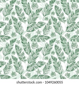 Hand drawn silhouette branches green palm leaves hibiscus plumeria flowers nature organic tropical background seamless pattern