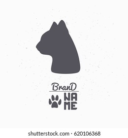 Hand drawn silhouette of cat head. Pet food logo template for craft packaging or brand identity. Vector illustration