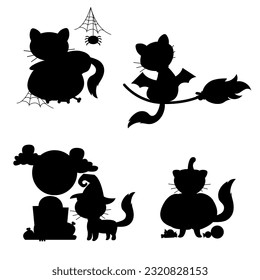 Hand drawn silhouette character Halloween cat. Cat in different poses