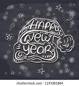 Hand drawn silhouette Christmas hat with the text inside on chalk board. Vector illustration. Happy New Year. Perfect for invitations, greeting cards, postcard, print, banners.