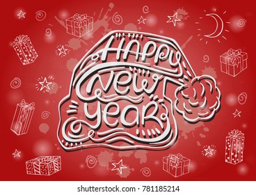 Hand drawn silhouette Christmas hat with the text inside on red background. Vector illustration. Happy New Year. Perfect for invitations, greeting cards, postcard, print, banners.