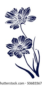 Hand drawn silhouette of cosmos flowers isolated on white background. Vector illustration. silhouette of  flowers. 