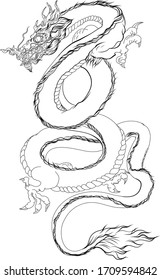 Hand drawn Silhouette dragon.Black and white Traditional Japanese dragon.Dragon coloring book.
