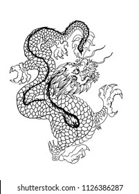 Hand drawn Silhouette dragon.Chinese dragon tattoo.Black and white Traditional Japanese dragon.