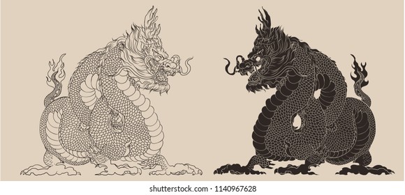 Hand drawn Silhouette dragon.Chinese dragon tattoo.Black and white Traditional Japanese dragon.Dragon coloring book.