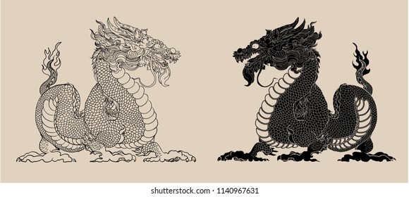 Hand drawn Silhouette dragon.Chinese dragon tattoo.Black and white Traditional Japanese dragon.Dragon coloring book.