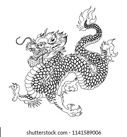 Hand drawn Silhouette dragon.Chinese dragon tattoo.Black and white Traditional Japanese dragon.Dragon coloring book.