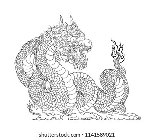 Hand drawn Silhouette dragon.Chinese dragon tattoo.Black and white Traditional Japanese dragon.Dragon coloring book.