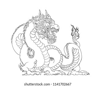 Hand drawn Silhouette dragon.Chinese dragon tattoo.Black and white Traditional Japanese dragon.Dragon coloring book.