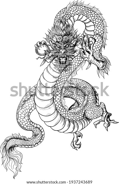 Hand drawn Silhouette\
dragon.Chinese dragon tattoo.Black and white Traditional Japanese\
dragon.