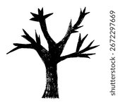 Hand drawn silhouette drawing of a bare spooky tree with branches, designed with chalk, crayon, pencil or charcoal texture. Perfect for Halloween decorations, kids illustrations and spooky backgrounds