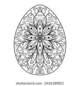 Silueta dibujada a mano de huevo ornamental de Pascua con patrón, rizos, flores, hojas. Vacaciones de Pascua decorativas, huevo floral de primavera. Ilustración de boceto de contorno vectorial aislado sobre fondo blanco