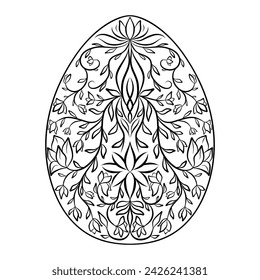 Silueta dibujada a mano de huevo ornamental de Pascua con patrón, rizos, flores, hojas. Vacaciones de Pascua decorativas, huevo floral de primavera. Ilustración de boceto de contorno vectorial aislado sobre fondo blanco