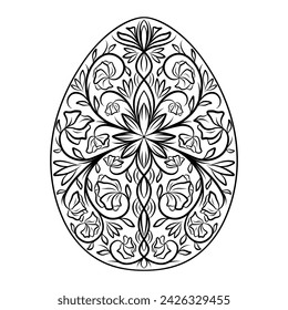 Silueta dibujada a mano de huevo ornamental de Pascua con patrón, rizos, flores, hojas. Vacaciones de Pascua decorativas, huevo floral de primavera. Ilustración de boceto de contorno vectorial aislado sobre fondo blanco