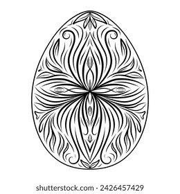 Silueta dibujada a mano de huevo ornamental de Pascua con patrón, rizos, flores, hojas. Vacaciones de Pascua decorativas, huevo floral de primavera. Ilustración de boceto de contorno vectorial aislado sobre fondo blanco