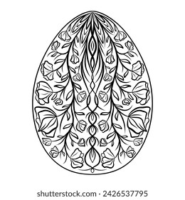 Silueta dibujada a mano de huevo ornamental de Pascua con patrón, rizos, flores, hojas. Vacaciones de Pascua decorativas, huevo floral de primavera. Ilustración de boceto de contorno vectorial aislado sobre fondo blanco