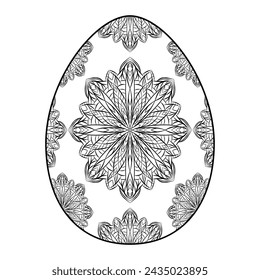 Silueta dibujada a mano de huevo ornamental de Pascua con patrón, rizos, flores, hojas. Vacaciones de Pascua decorativas, huevo floral de primavera. Ilustración de boceto de contorno vectorial aislado sobre fondo blanco