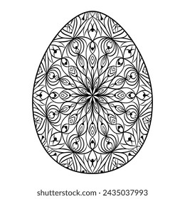 Hand drawn silhouette of Easter ornamental egg with pattern, curls, flowers, leaves. Decorative Easter holiday, floral spring egg. Vector outline sketch illustration isolated on white background