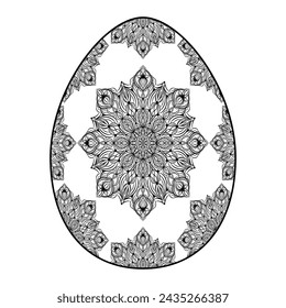 Silueta dibujada a mano de huevo ornamental de Pascua con patrón, rizos, flores, hojas. Vacaciones de Pascua decorativas, huevo floral de primavera. Ilustración de boceto de contorno vectorial aislado sobre fondo blanco