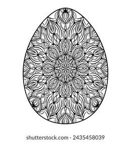 Silueta dibujada a mano de huevo ornamental de Pascua con patrón, rizos, flores, hojas. Vacaciones de Pascua decorativas, huevo floral de primavera. Ilustración de boceto de contorno vectorial aislado sobre fondo blanco