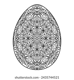 Silueta dibujada a mano de huevo ornamental de Pascua con patrón, rizos, flores, hojas. Vacaciones de Pascua decorativas, huevo floral de primavera. Ilustración de boceto de contorno vectorial aislado sobre fondo blanco